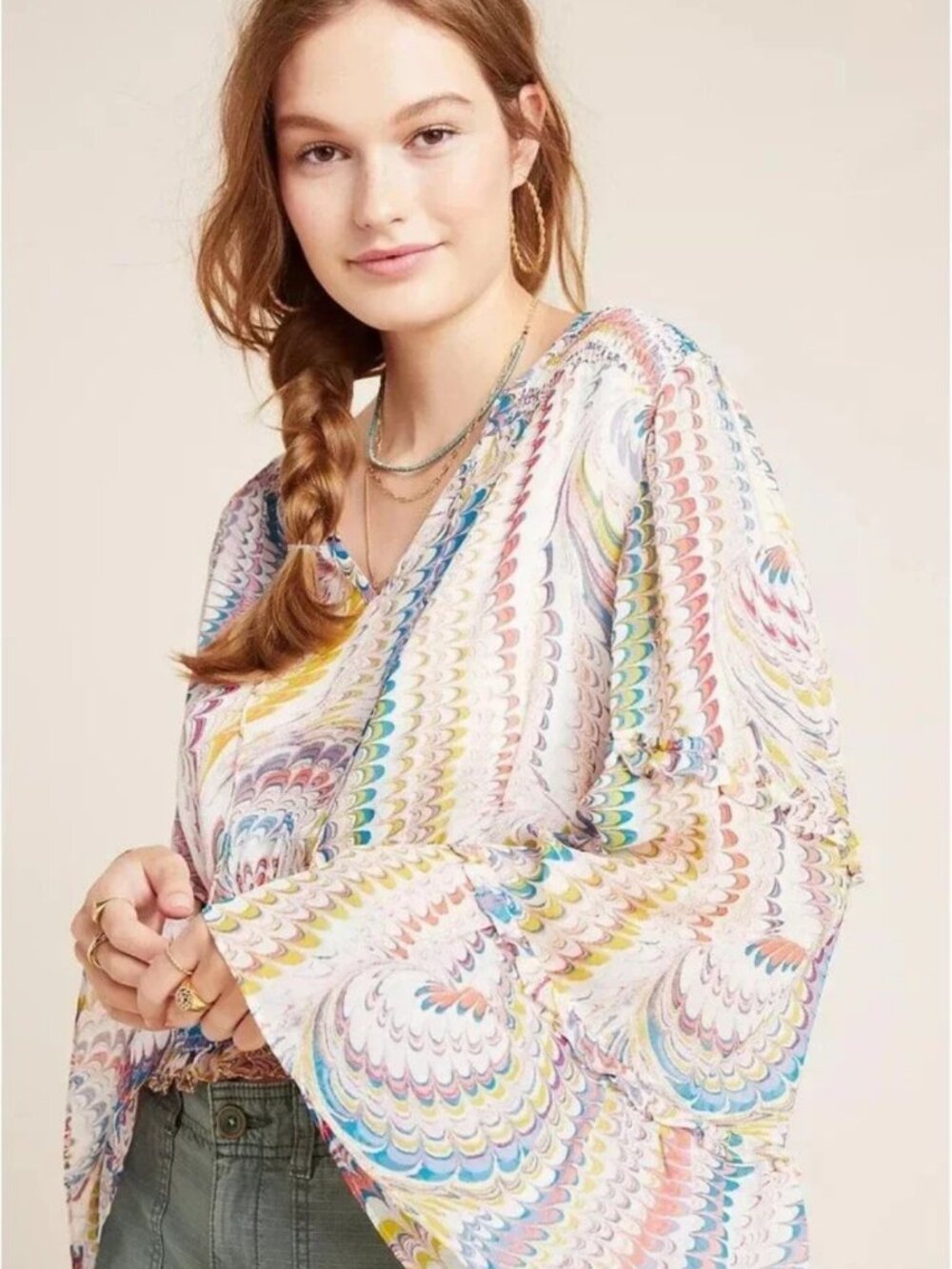 Maeve Anthropologie Jessa Peasant Blouse Marbled Bell Sleeve Smocked XL Boho 70s